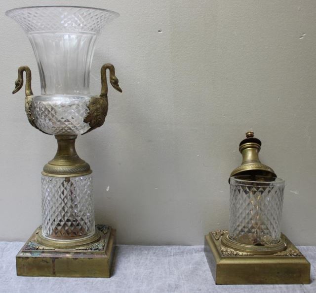 Appraisal: Empire Bronze Mounted Cut Glass Urn togetherwith a Base and