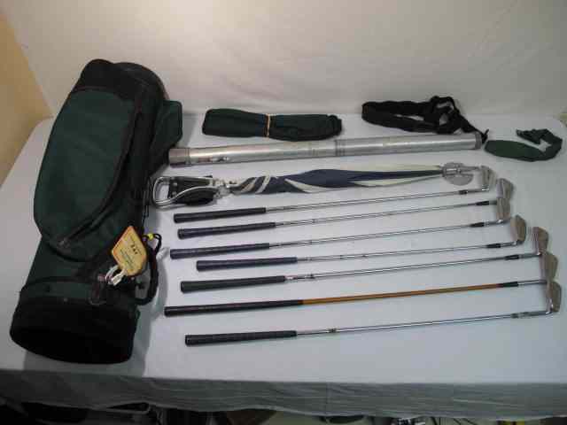 Appraisal: Seven assorted golf clubs golf bag and more Includes Burton