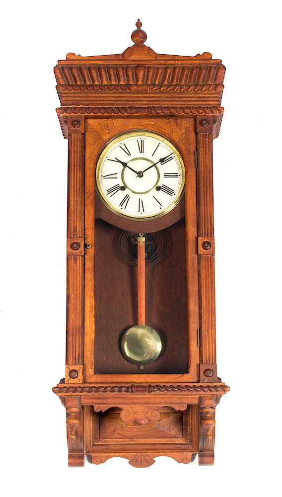 Appraisal: Carved Regulator Hanging Wall Clock Good condition with normal wear