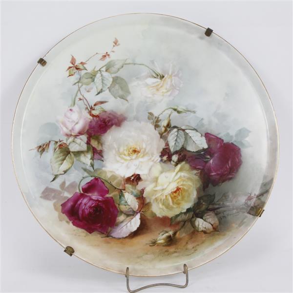 Appraisal: Hand painted roses floral still life French porcelain Large Charger