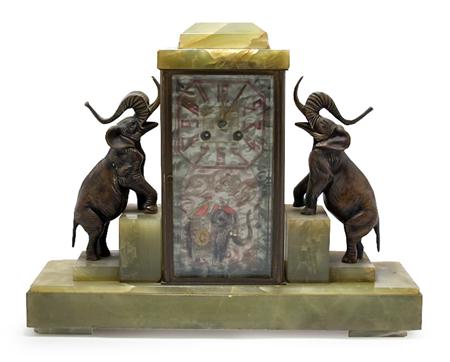 Appraisal: Art Deco Bronze and Green Onyx Mantel Clock Estimate -