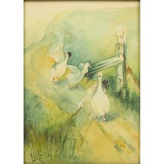 Appraisal: Watercolor Painting Framed print Five Geese signed illegibly lower left