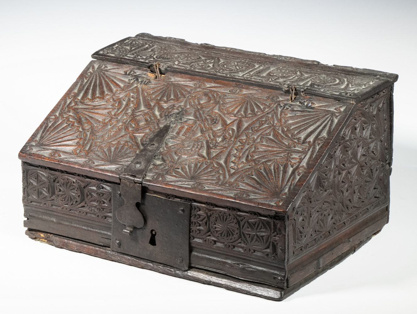 Appraisal: TH C CARVED OAK SLANT LID BOX Small English Chip