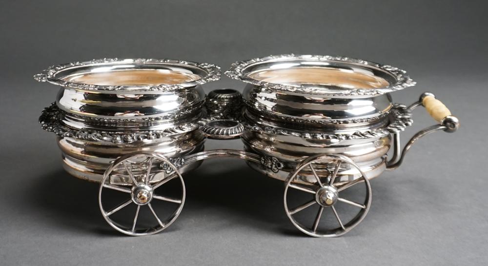 Appraisal: English Silver on Copper Coaster Wagon with Two Bottle Coasters