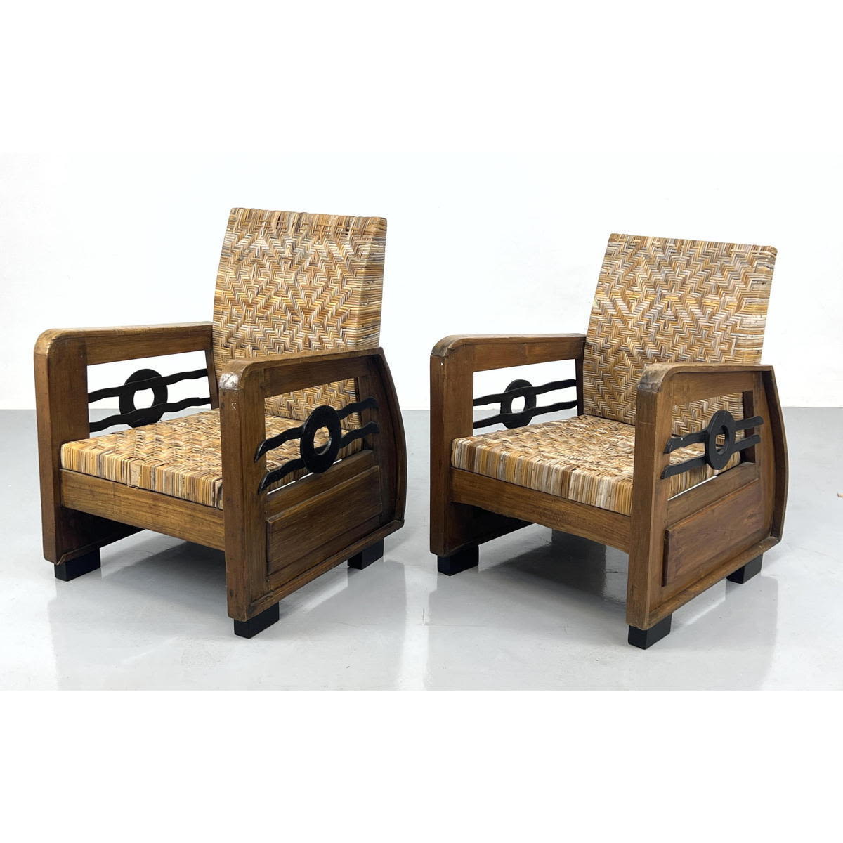 Appraisal: Pr French Deco Style Lounge Chairs Wood Frame Lounge Chairs