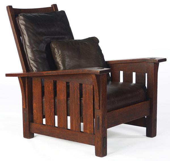 Appraisal: GUSTAV STICKLEY Drop-arm Morris chair no with drop-in spring seat