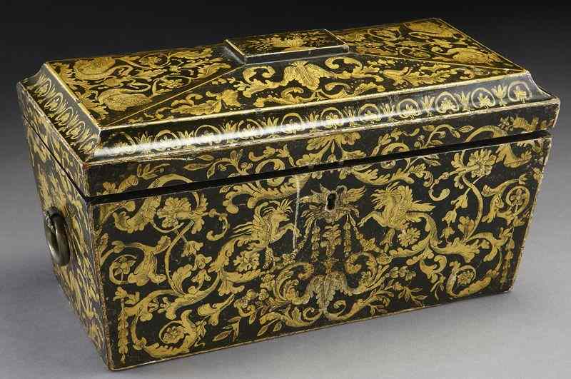 Appraisal: English penwork tea caddy of sarcophagus form the lid decorated