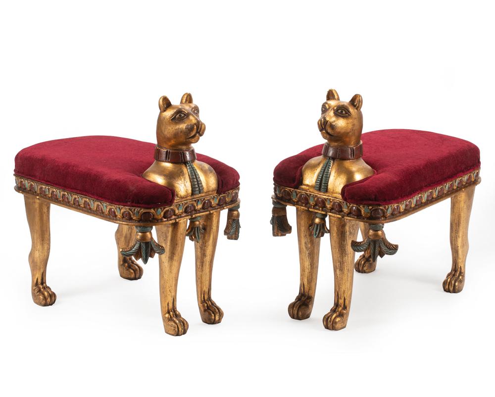 Appraisal: Pair of Egyptianesque Polychrome and Parcel Gilt Figural Benches upholstered