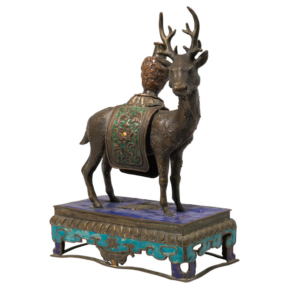 Appraisal: JAPANESE ENAMELED BRONZE SCULPTURESculpture and base cast in one piece