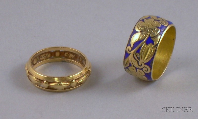 Appraisal: Two kt Gold Bands including an enamel decorated example and