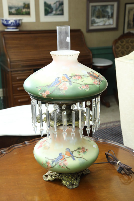 Appraisal: TABLE LAMP Pierced brass base with handpainted milk glass shades