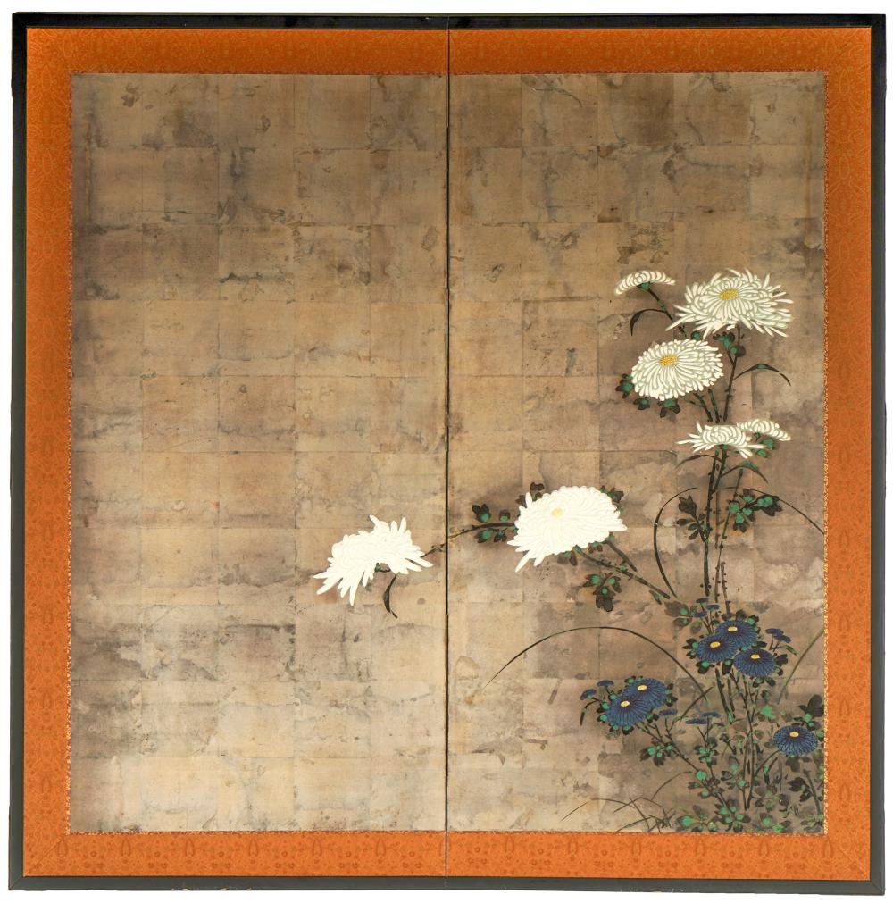 Appraisal: JAPANESE TWO-PANEL SCREENpainted on paper with silver-colored background signed image