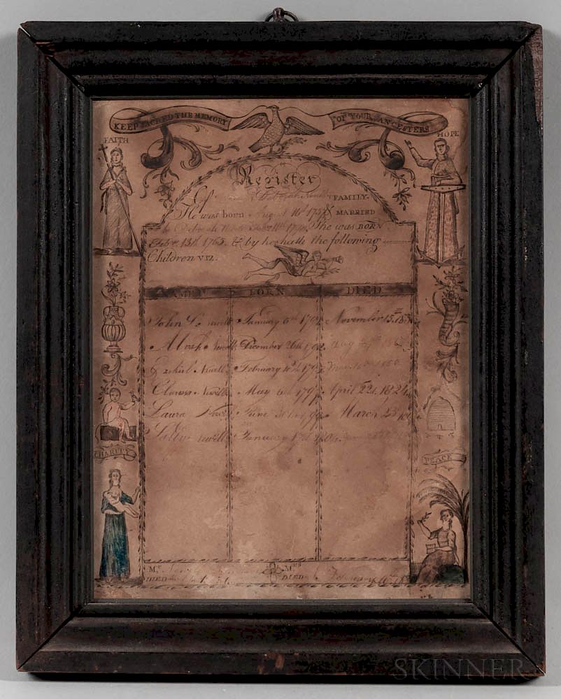 Appraisal: Engraved Watercolor and Manuscript John and Deborah Newell Family Register