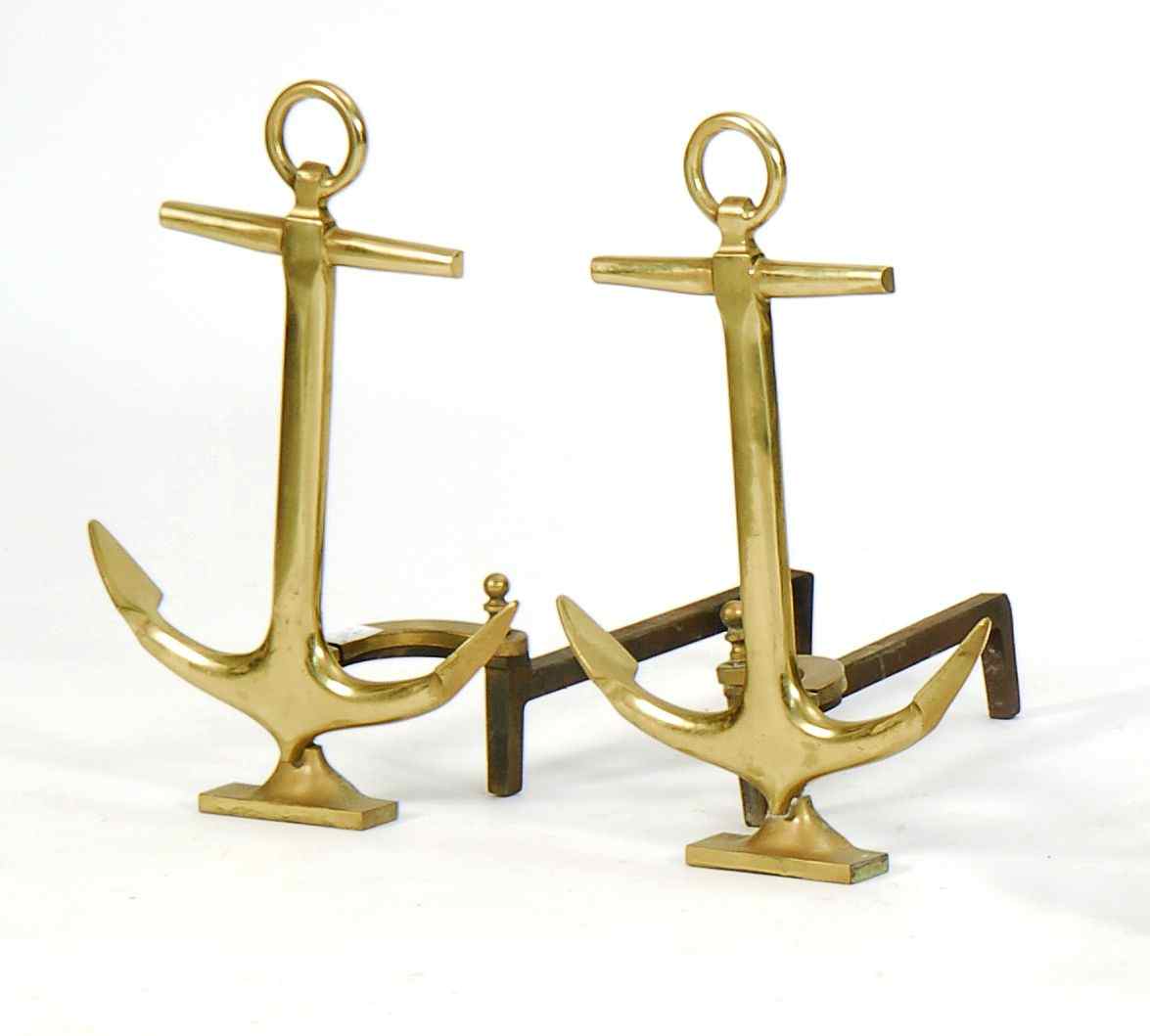 Appraisal: PAIR OF BRASS ANCHOR-FORM ANDIRONS th CenturyHeight Depth '' ''