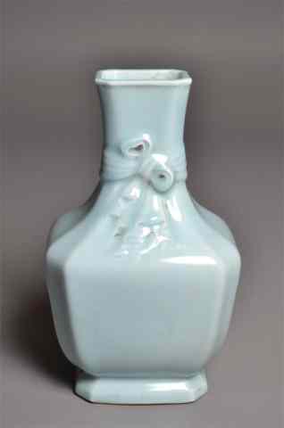 Appraisal: Chinese Blue Celedon Porcelain Vase RibbonLight blue celedon square and