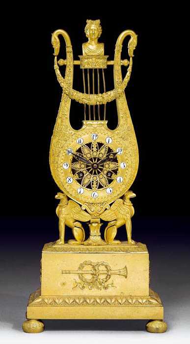 Appraisal: LYRE CLOCK AUX GRIFFONS Empire Restauration Paris circa Matte and