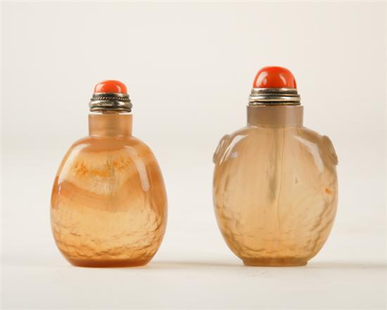 Appraisal: Two Chinese Agate Crystal Snuff Bottles with coral tops and