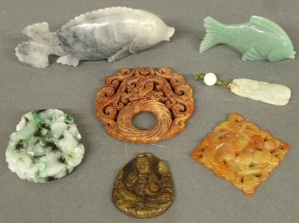 Appraisal: - Seven Asian jade carvings to include a large fish