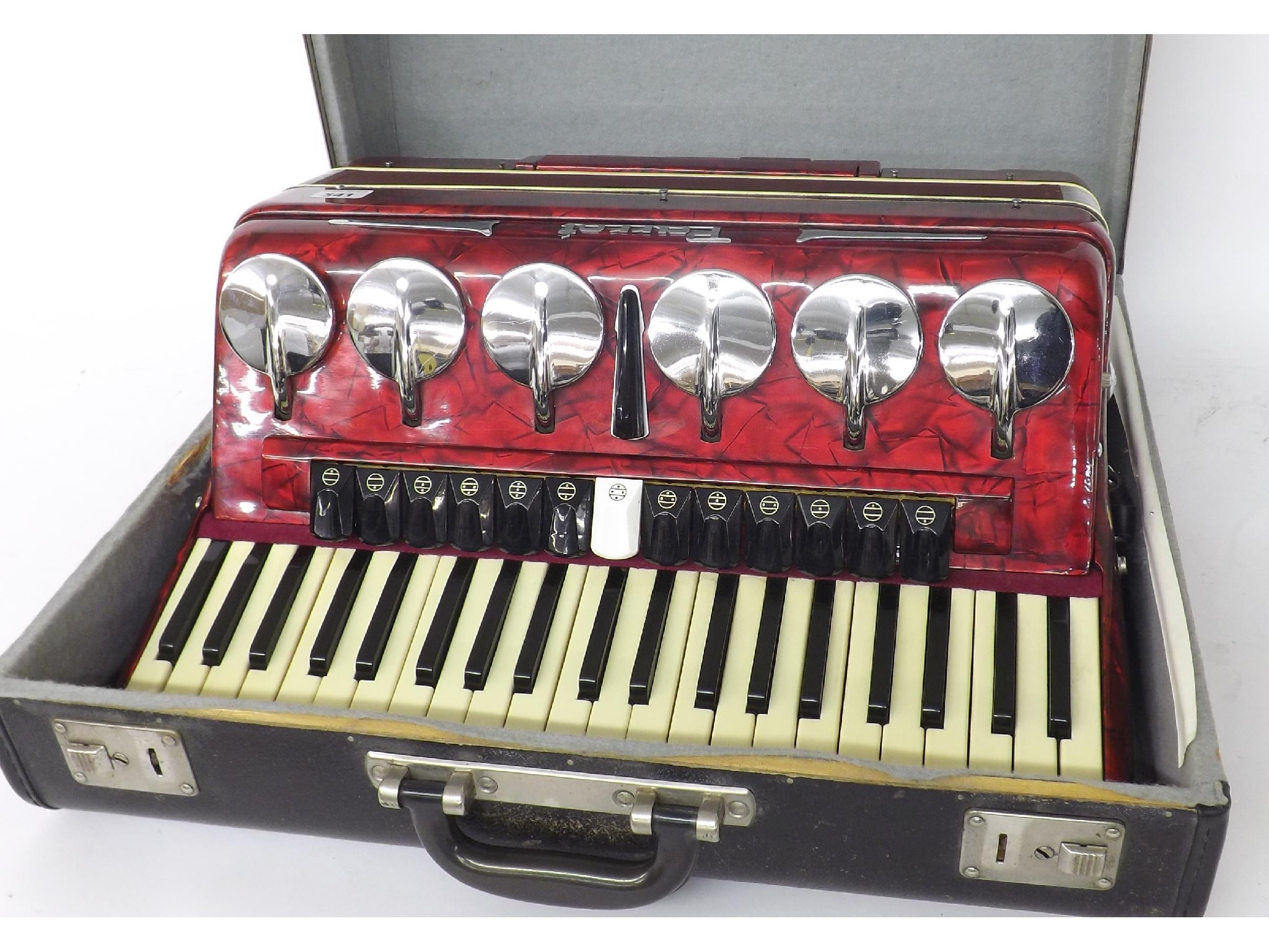 Appraisal: Parrot button piano accordion red pearloid finish case