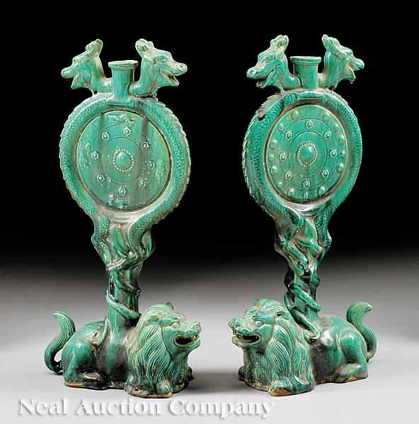 Appraisal: A Pair of Chinese Green Glazed Archaic Form Joss Stick