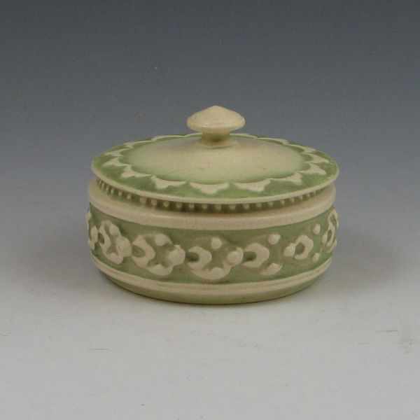 Appraisal: Roseville Ivory Tint green lidded trinket box Unmarked Tight hairline