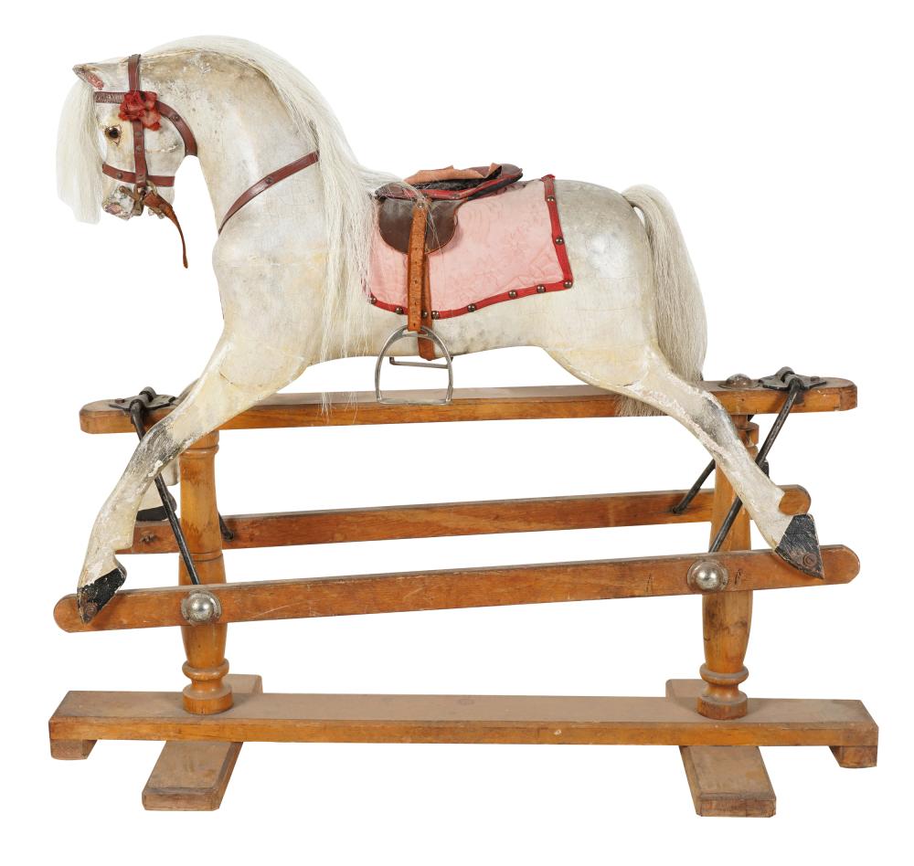 Appraisal: ANTIQUE ROCKING HORSEpainted wood leather and horsehair on wood and