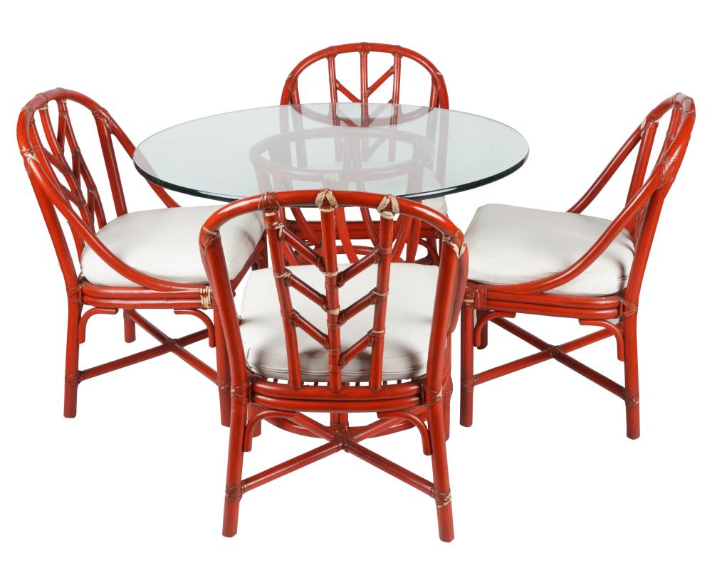 Appraisal: MCGUIRE RED-PAINTED RATTAN DINING SUITEwith metal manufacturer's tag comprising a