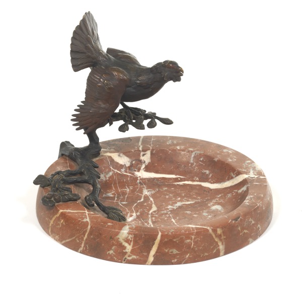 Appraisal: ANTIQUE PATINATED BRONZE AND ROUGE MARBLE VIDE-POCHE WITH SCULPTURE OF