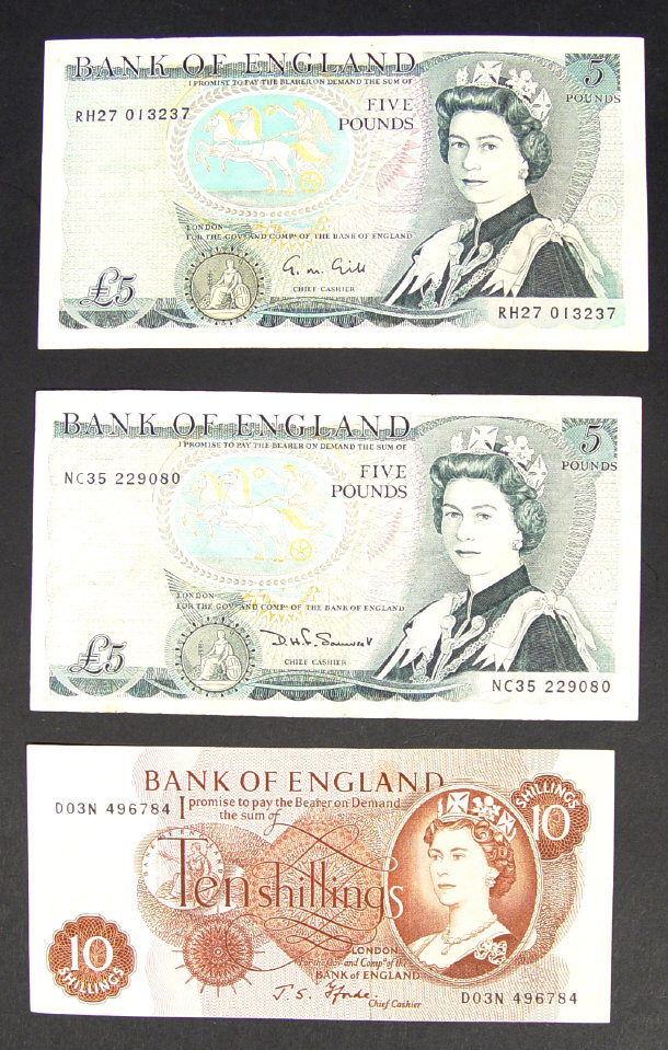 Appraisal: Two Bank of England blue five pound notes together with