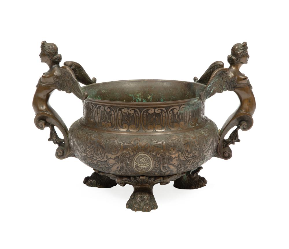 Appraisal: French Bronze Figural Jardiniere th c winged-term handles allover design