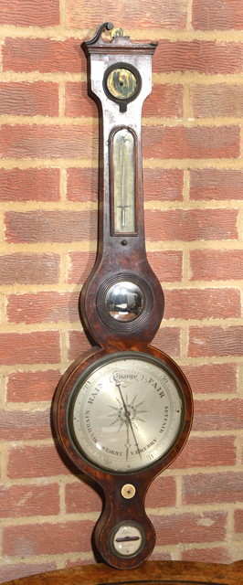 Appraisal: A TH CENTURY MAHOGANY WHEEL BAROMETER with hygrometer thermometer convex