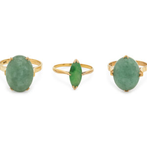 Appraisal: Three Chinese K Yellow Gold Mounted Jadeite Rings two with