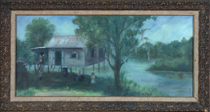 Appraisal: Louisiana School Mid- th Century Bayou Cabin Scene with Children