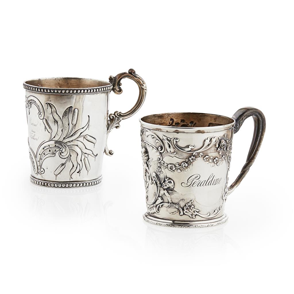 Appraisal: Two American Christening mugs both of tapered form with embossed