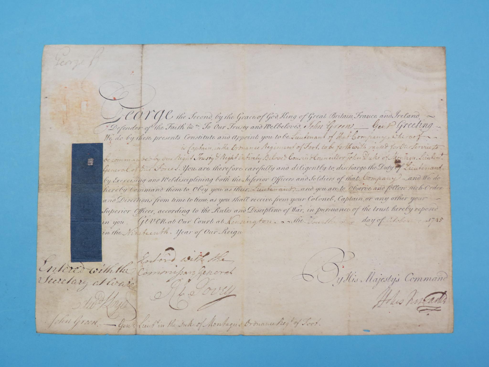 Appraisal: King George II - - inscribed and signed document