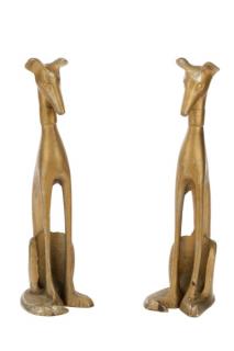 Appraisal: Pair Polychromed Gold Seated Greyhound Andirons American th century A