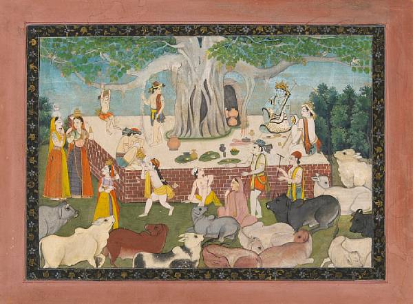 Appraisal: An Indian miniature painting of Krishna and Balarama relaxing in