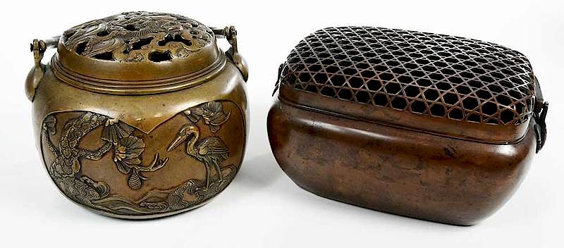 Appraisal: Two Asian Decorated Swing Handled Braziers th century brazier or