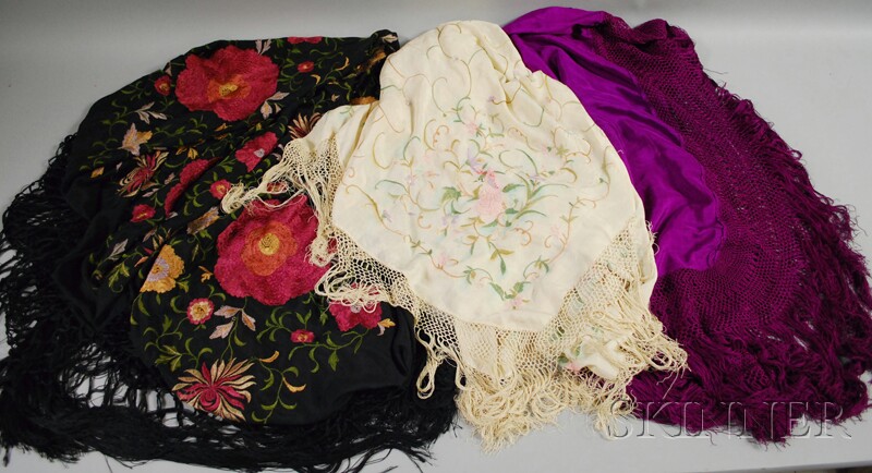 Appraisal: Three Silk Piano Shawls including a large black floral-embroidered shawl