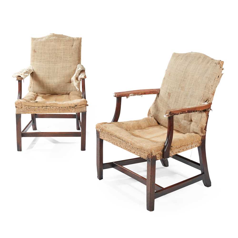 Appraisal: PAIR OF GEORGE III MAHOGANY FRAMED LIBRARY ARMCHAIRS TH CENTURY