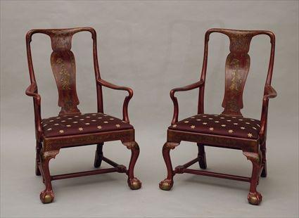 Appraisal: Pair of George I-Style Red Lacquer Armchairs