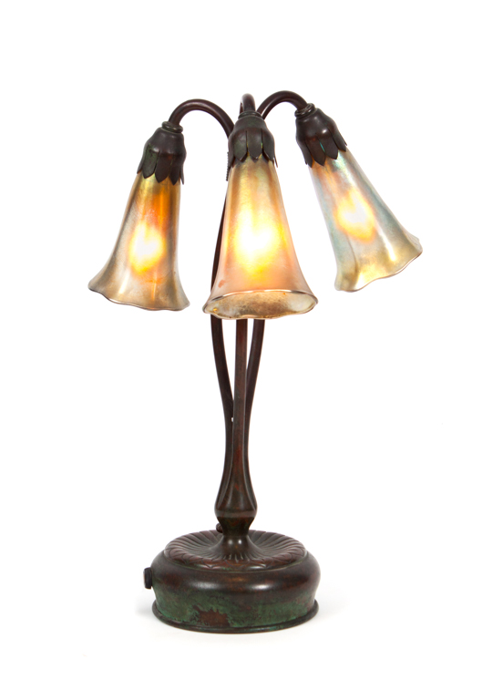 Appraisal: Tiffany bronze and favrile glass lily lamp first quarter- th