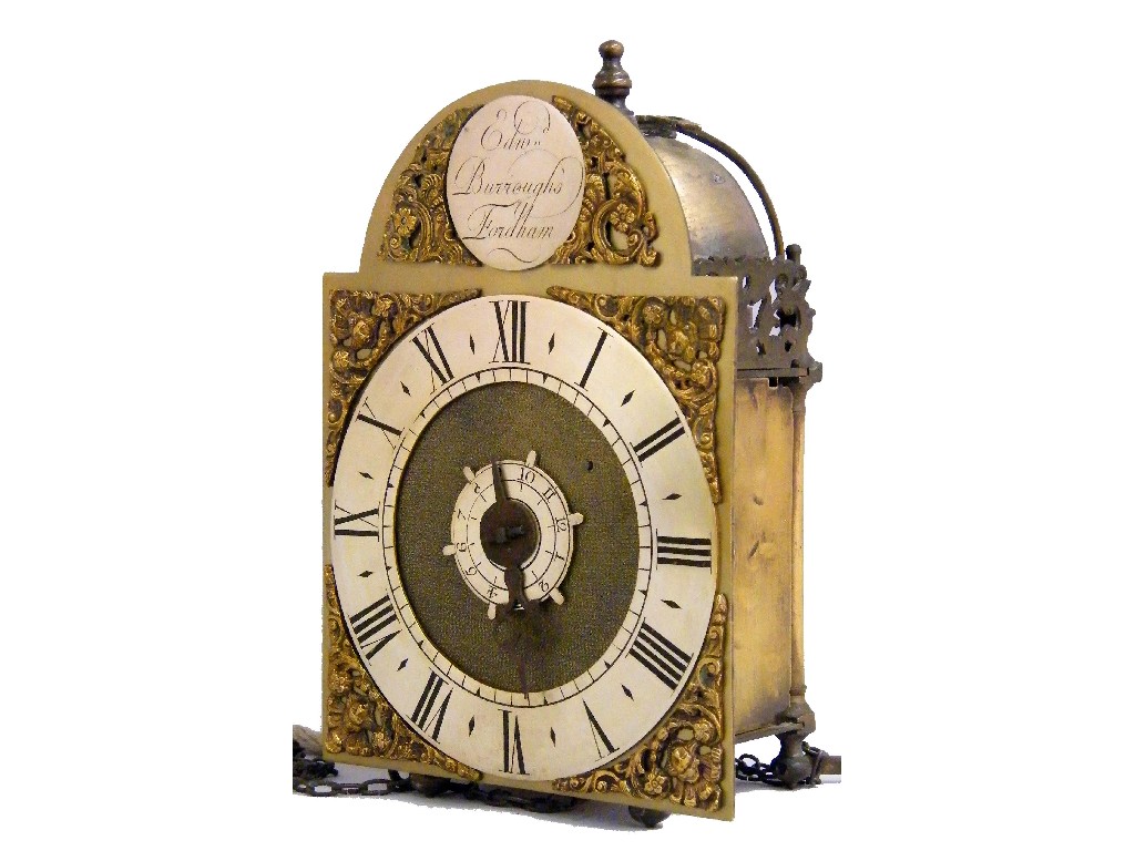 Appraisal: Miniature brass verge lantern clock with alarm the arched brass