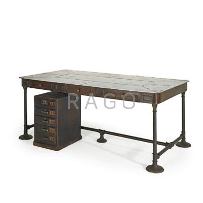 Appraisal: STEAM PUNK Partners desk and small cabinet Studded brass top