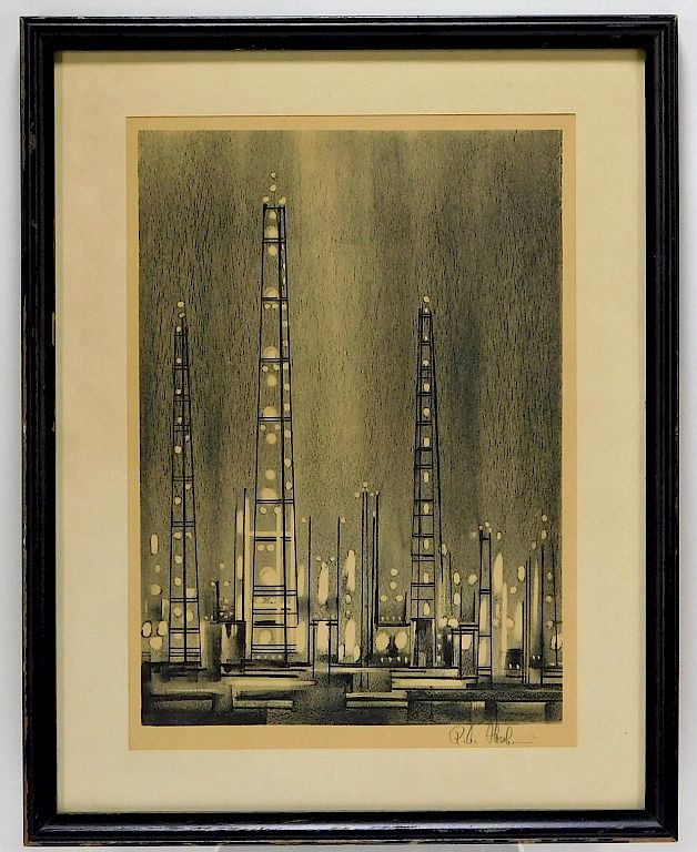 Appraisal: Richard Florsheim Refinery at Night Lithograph United States - Impressionistic