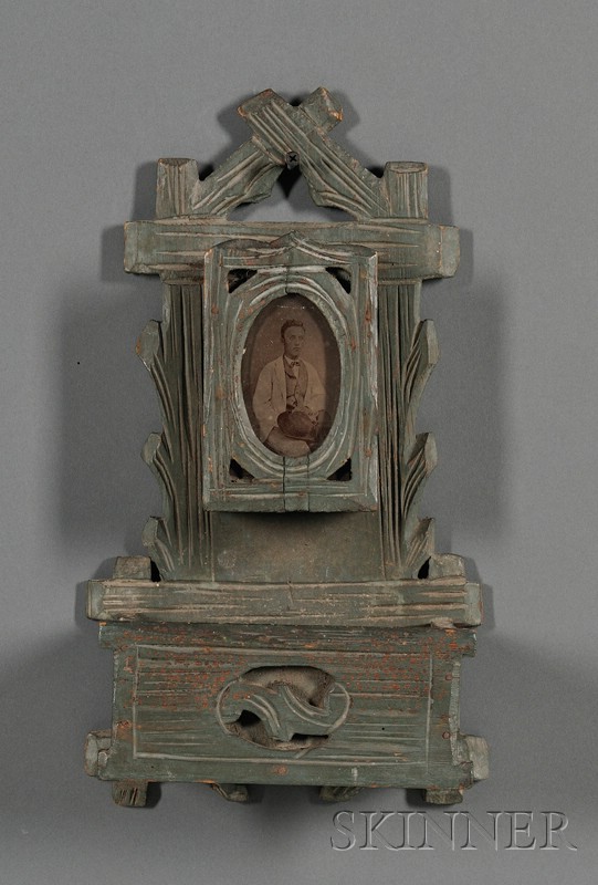 Appraisal: Green-painted Adirondack-style Carved Double Wall Box America late th century