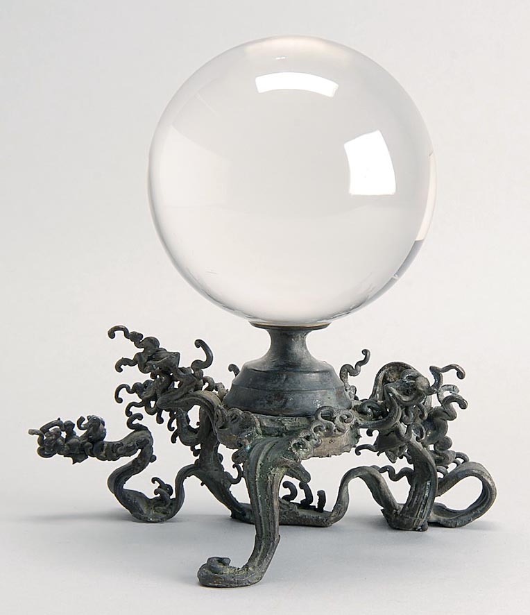 Appraisal: GLASS SPHERE With modified Japanese bronze stand in a scroll