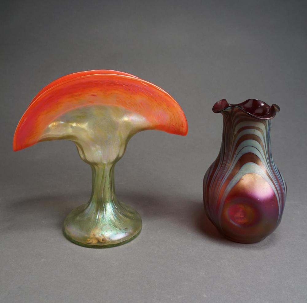 Appraisal: Continental Red to Green Iridescent Glass Floriform Vase and a