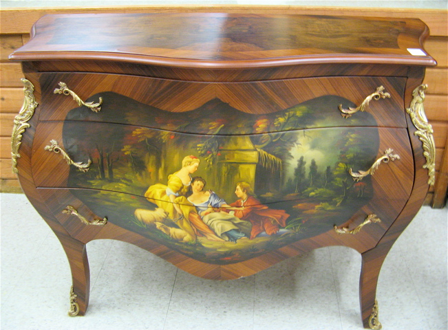 Appraisal: LOUIS XV STYLE VERNIS MARTIN BOMBE COMMODE the front featuring