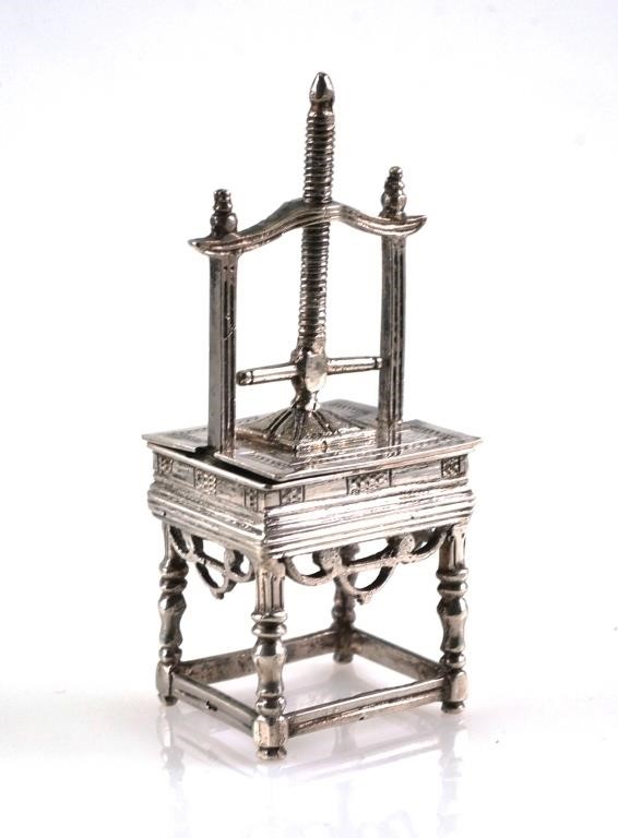 Appraisal: Dutch silver miniature printing or linen press Possibly Netherlands Dutch